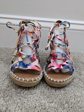 SO Multicolor Pink Blue Coral Lace-Up Espadrille Wedges